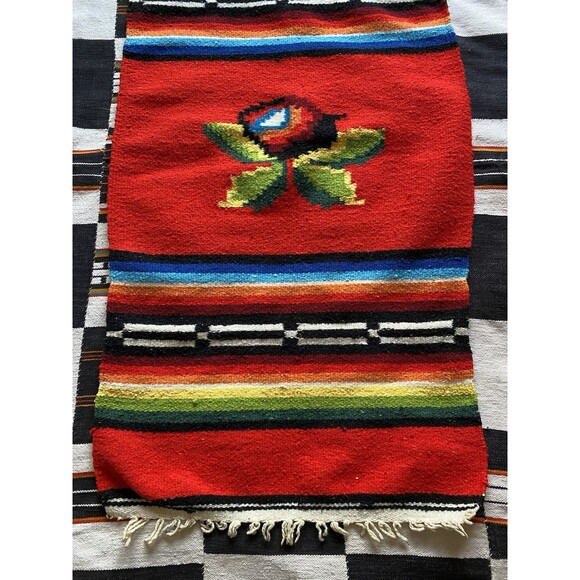 Vintage Handwoven Serape Kilim Rug Runner Wall Hanging. Rose. Wool Blend. Boho. - Picture 3 of 12